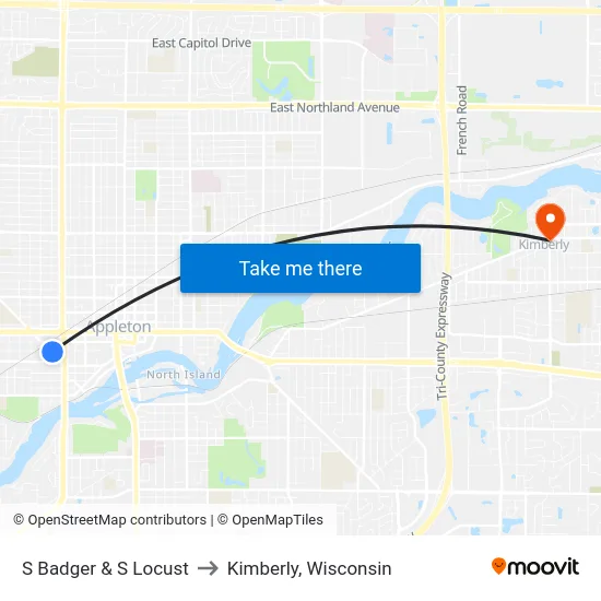 S Badger & S Locust to Kimberly, Wisconsin map
