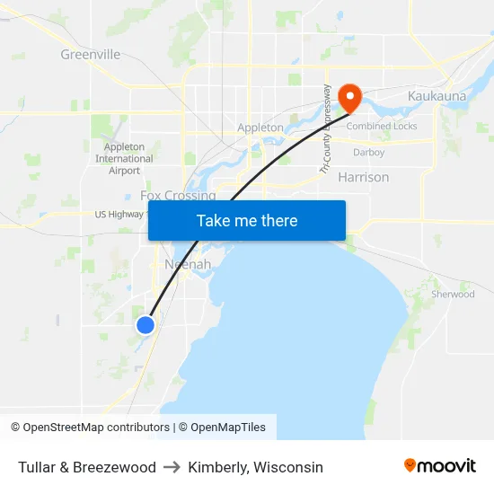 Tullar & Breezewood to Kimberly, Wisconsin map