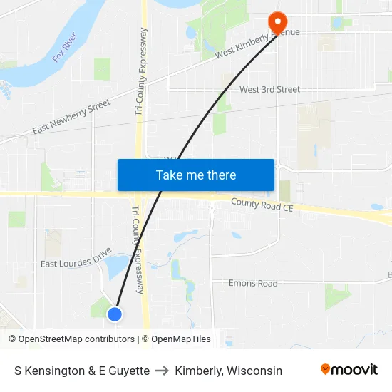 S Kensington & E Guyette to Kimberly, Wisconsin map