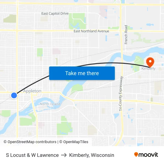 S Locust & W Lawrence to Kimberly, Wisconsin map