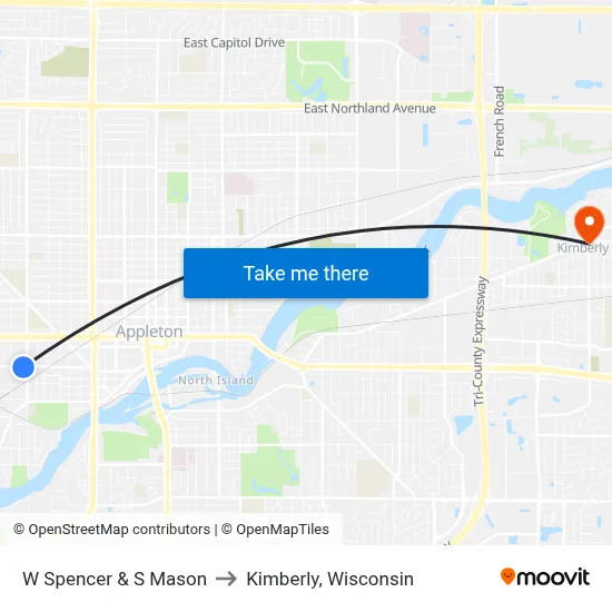 W Spencer & S Mason to Kimberly, Wisconsin map