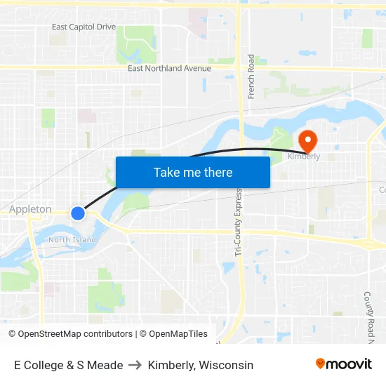 E College & S Meade to Kimberly, Wisconsin map