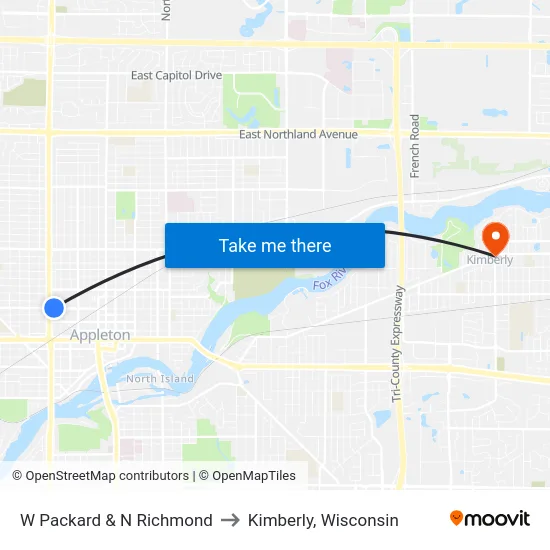 W Packard & N Richmond to Kimberly, Wisconsin map