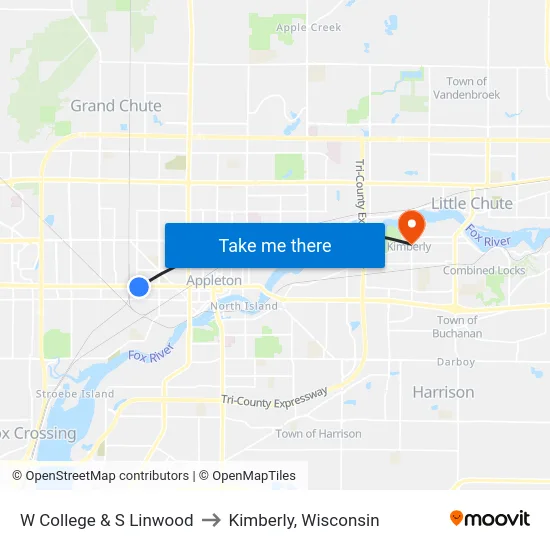 W College & S Linwood to Kimberly, Wisconsin map