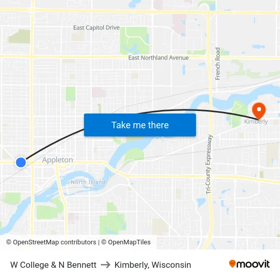 W College & N Bennett to Kimberly, Wisconsin map
