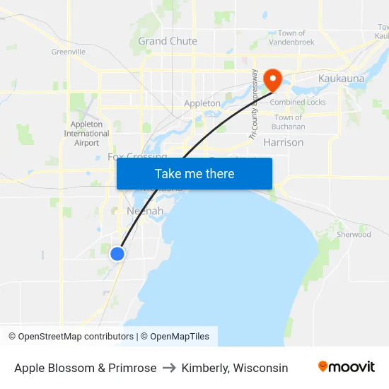 Apple Blossom & Primrose to Kimberly, Wisconsin map