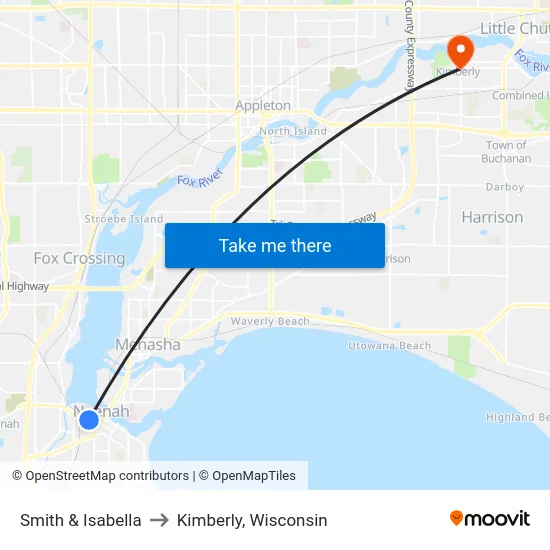Smith & Isabella to Kimberly, Wisconsin map