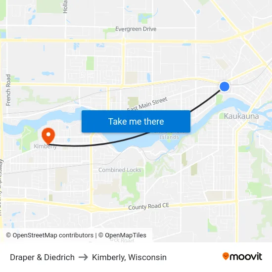 Draper & Diedrich to Kimberly, Wisconsin map