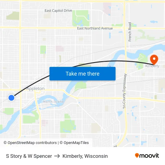 S Story & W Spencer to Kimberly, Wisconsin map