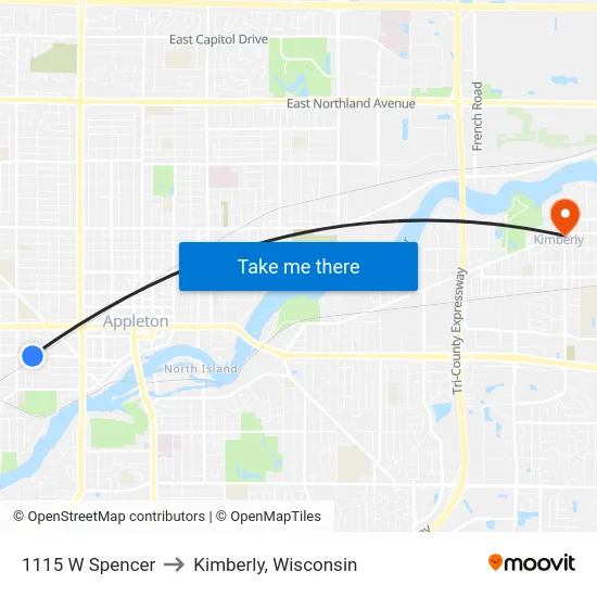1115 W Spencer to Kimberly, Wisconsin map