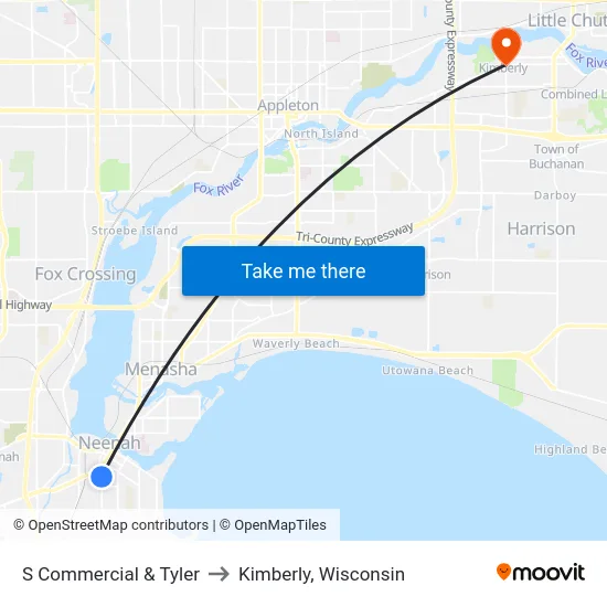 S Commercial & Tyler to Kimberly, Wisconsin map