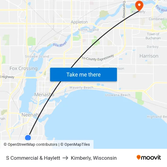 S Commercial & Haylett to Kimberly, Wisconsin map