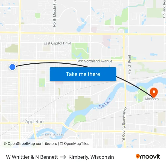 W Whittier & N Bennett to Kimberly, Wisconsin map