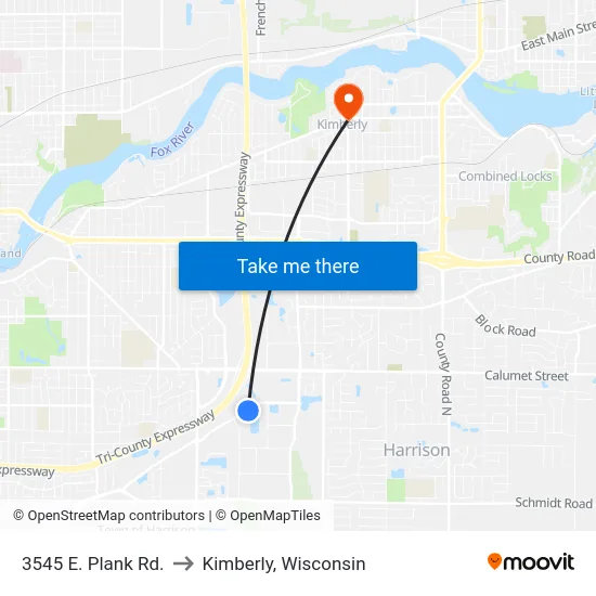 3545 E. Plank Rd. to Kimberly, Wisconsin map