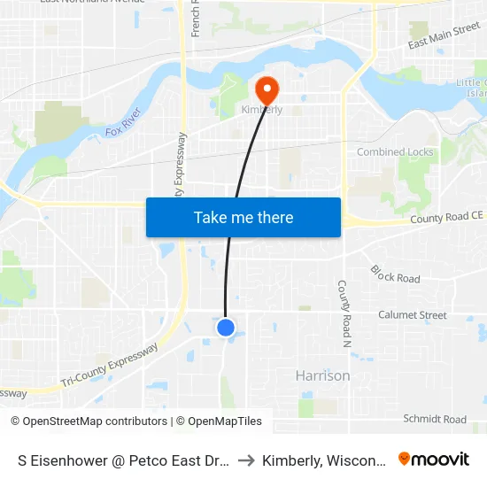 S Eisenhower @ Petco East Drive to Kimberly, Wisconsin map