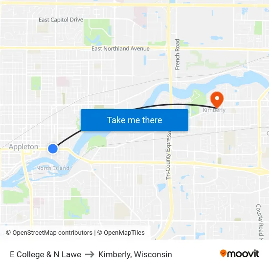 E College & N Lawe to Kimberly, Wisconsin map
