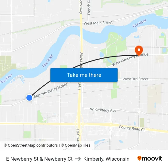 E Newberry St & Newberry Ct to Kimberly, Wisconsin map