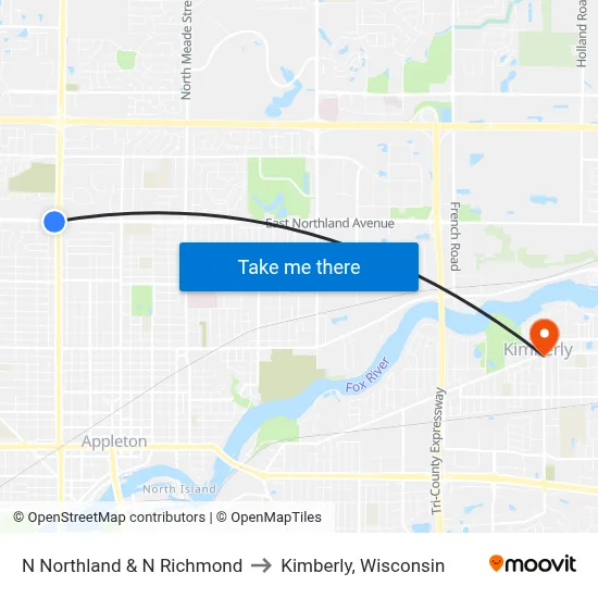 N Northland & N Richmond to Kimberly, Wisconsin map