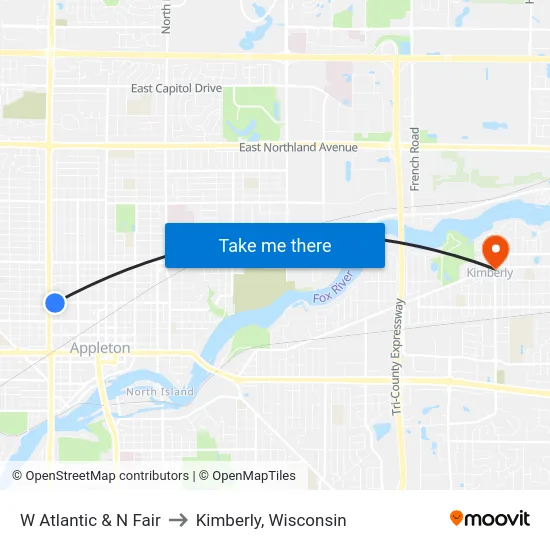 W Atlantic & N Fair to Kimberly, Wisconsin map