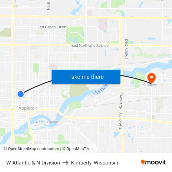 W Atlantic & N Division to Kimberly, Wisconsin map