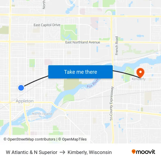 W Atlantic & N Superior to Kimberly, Wisconsin map