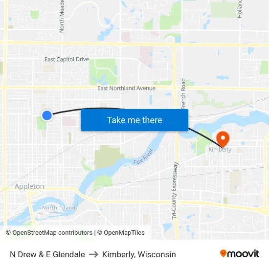 N Drew & E Glendale to Kimberly, Wisconsin map