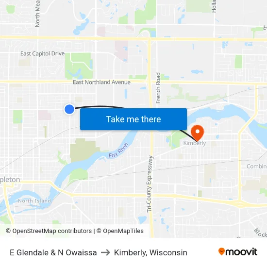 E Glendale & N Owaissa to Kimberly, Wisconsin map