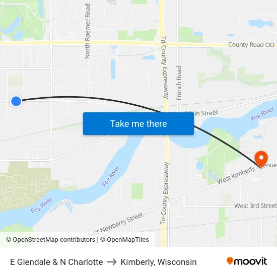 E Glendale & N Charlotte to Kimberly, Wisconsin map