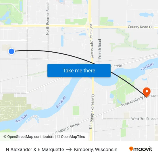 N Alexander & E Marquette to Kimberly, Wisconsin map