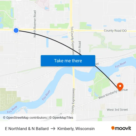 E Northland & N Ballard to Kimberly, Wisconsin map