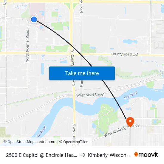2500 E Capitol @ Encircle Health to Kimberly, Wisconsin map