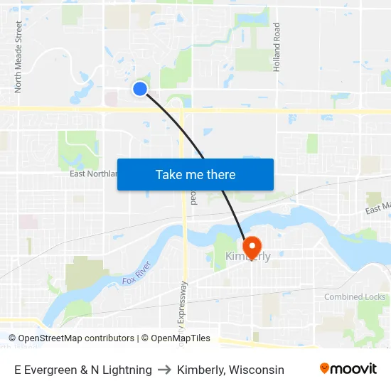 E Evergreen & N Lightning to Kimberly, Wisconsin map