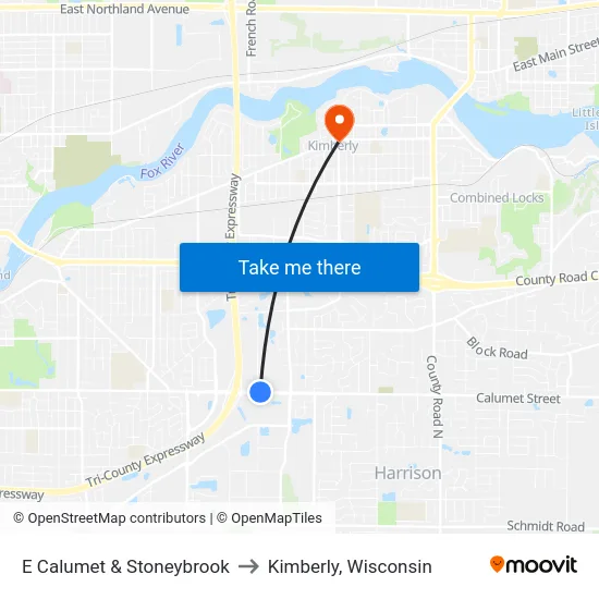 E Calumet & Stoneybrook to Kimberly, Wisconsin map