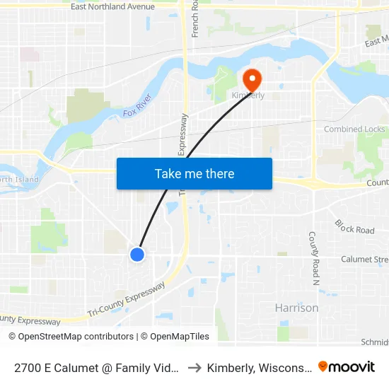2700 E Calumet @ Family Video to Kimberly, Wisconsin map