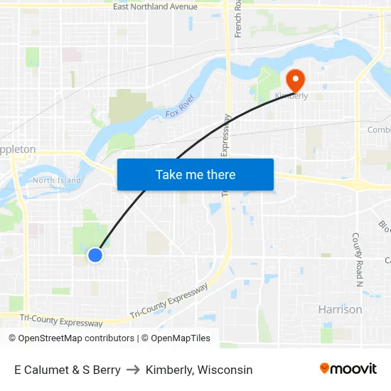 E Calumet & S Berry to Kimberly, Wisconsin map