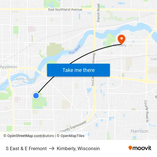 S East & E Fremont to Kimberly, Wisconsin map