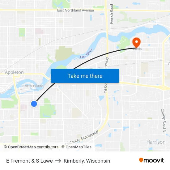 E Fremont & S Lawe to Kimberly, Wisconsin map