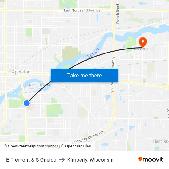 E Fremont & S Oneida to Kimberly, Wisconsin map