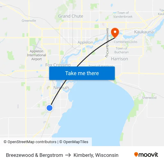 Breezewood & Bergstrom to Kimberly, Wisconsin map