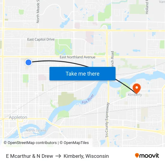 E Mcarthur & N Drew to Kimberly, Wisconsin map