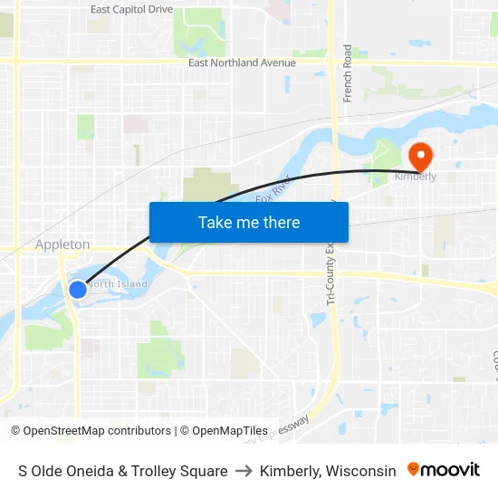S Olde Oneida & Trolley Square to Kimberly, Wisconsin map