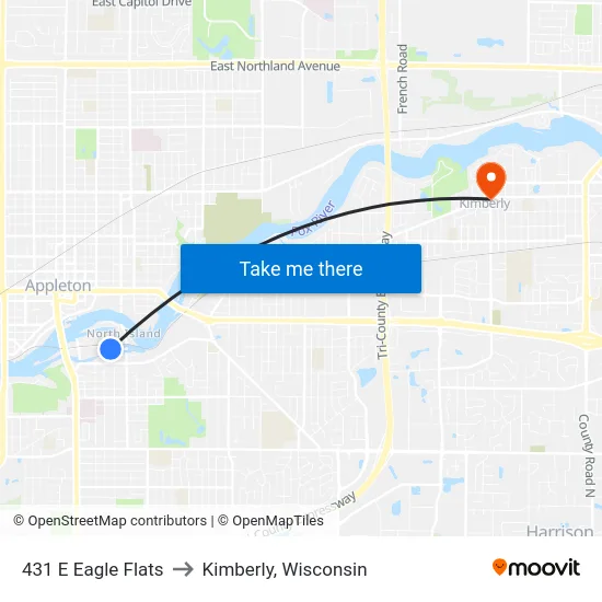 431 E Eagle Flats to Kimberly, Wisconsin map