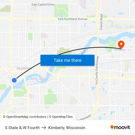 S State & W Fourth to Kimberly, Wisconsin map