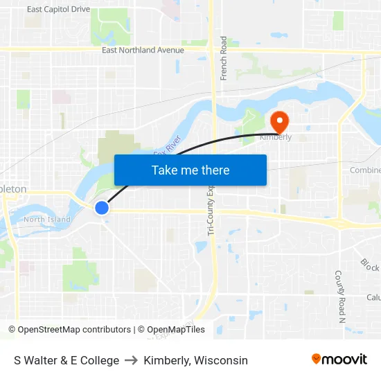 S Walter & E College to Kimberly, Wisconsin map