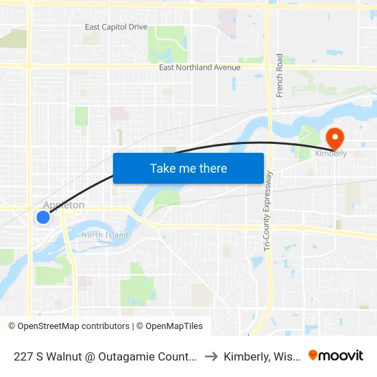 227 S Walnut @ Outagamie County Parking Lot to Kimberly, Wisconsin map