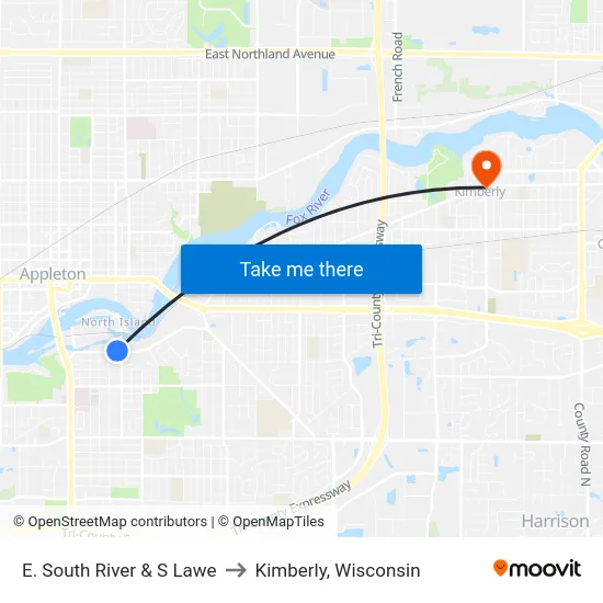 E. South River & S Lawe to Kimberly, Wisconsin map