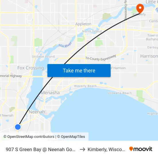 907 S Green Bay @ Neenah Goodwill to Kimberly, Wisconsin map