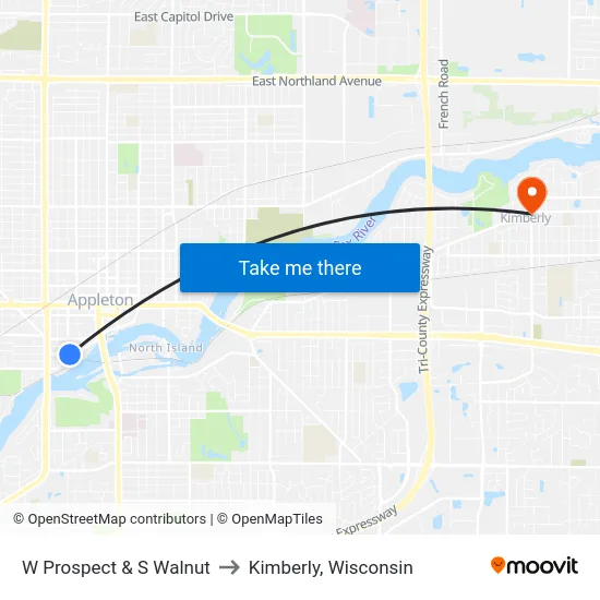 W Prospect & S Walnut to Kimberly, Wisconsin map