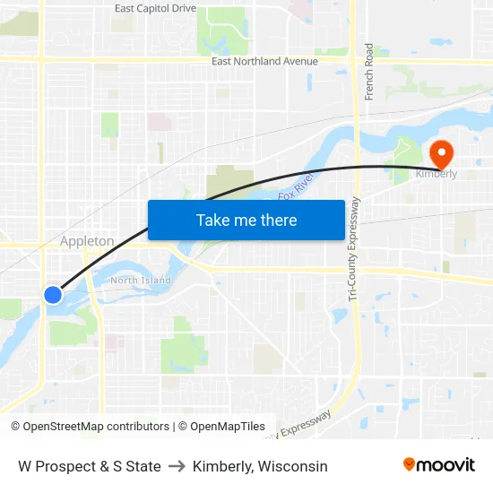 W Prospect & S State to Kimberly, Wisconsin map