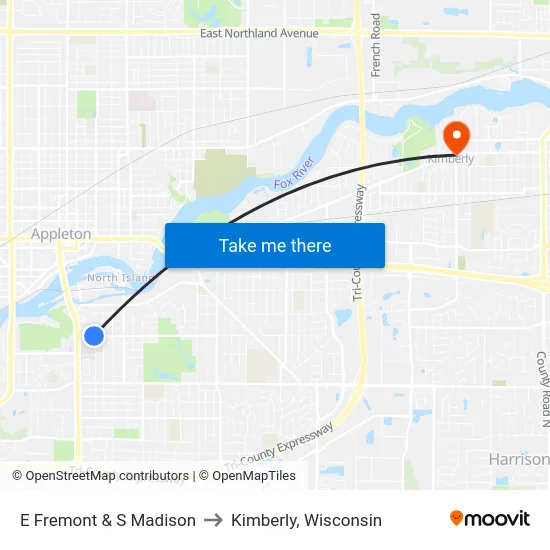 E Fremont & S Madison to Kimberly, Wisconsin map